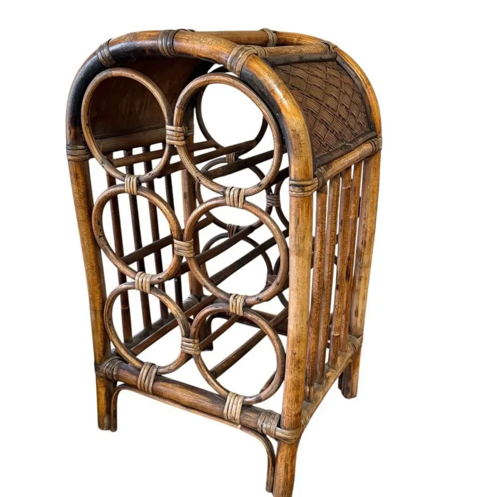 Vintage 70’s Bamboo and Rattan 6 bottle Freestanding Wine Rack